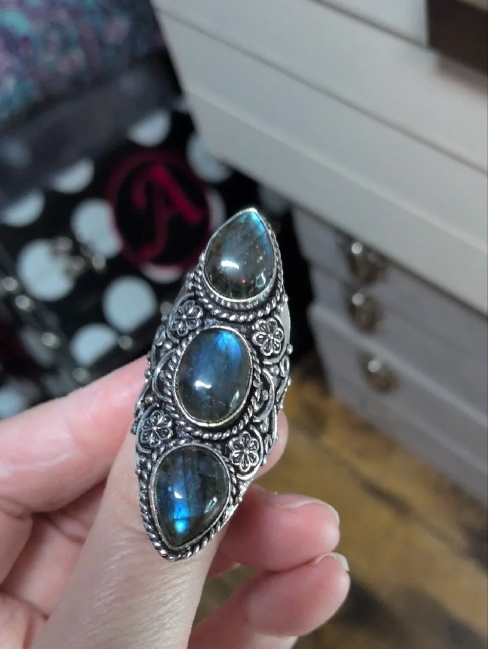 Sterling Silver Labradorite Triple Stone Statement Ring - Blue